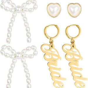 Gold Pearl Bride Earring Set 3 Pairs Bridal Bachelorette Party Gift